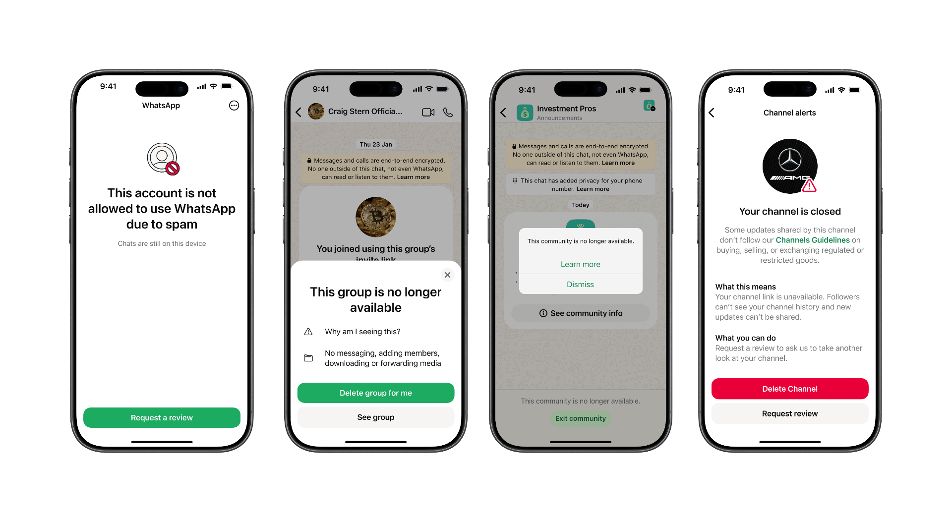 The same suspension action presented four different ways across WhatsApp surfaces